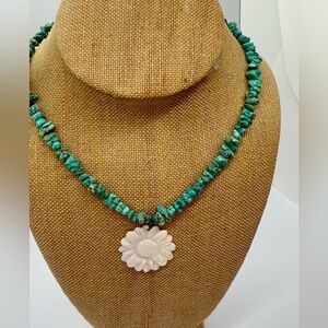 Vintage Handmade 925 Turquoise Beaded Necklace with Flower Pendant
